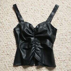 Shabby Chic Faux Leather Weather Tank Top XS Black Wide Strap Ruched Goth New